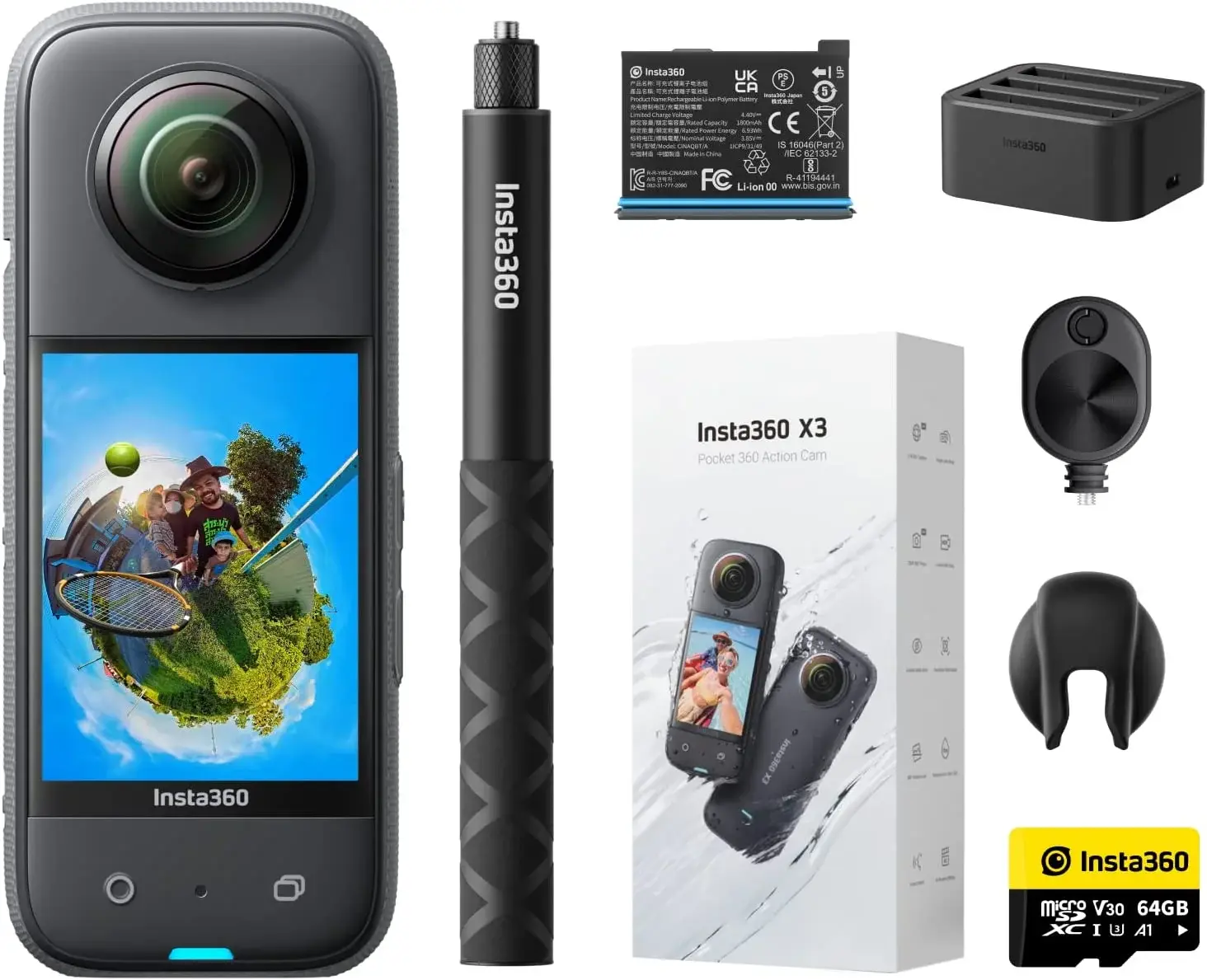 » Insta360 X3 Ultimate Kit - Waterproof 360 Action Camera with Dual 48MP Sensors, 5.7K Video, 4K Single-Lens, Stabilization, and AI Editing